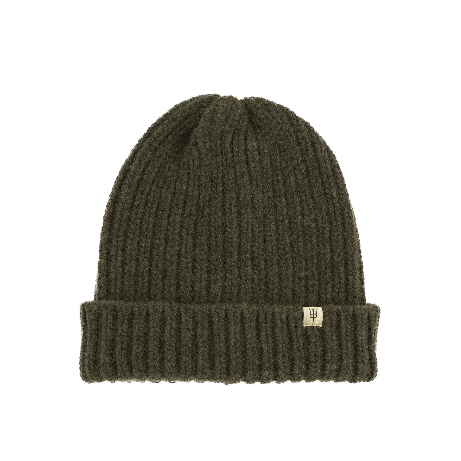 Tom Beckbe Wool Cap in olive green lambswool features a folded brim and small monogram logo tag for a classic look.