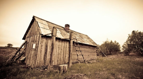 A sepia-toned image of an old wooden shack with a tin roof, surrounded by grass and trees, under a cloudy sky.