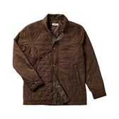 Men's quilted brown jacket features a collar, front leather interior placket with zipper and snaps.