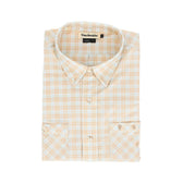 Folded Tidewater plaid summer shirt in beige and white, short sleeves, button-down collar, Tom Beckbe label, size L.