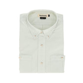 Folded light green dress shirt with button-down collar and cuffs, featuring a label displaying the brand name and size.