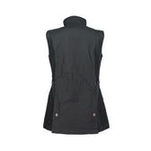 Back view of the Tom Beckbe Womens Fairmont Vest in black waxed cotton, featuring a high collar and hem button details.