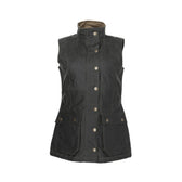 Tom Beckbes Womens Fairmont Vest: dark green, sleeveless, high collar, weatherproof canvas, button closure, two front pockets.