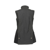 Back view of the Womens Fairmont Vest by Tom Beckbe in dark green waxed cotton with a high collar, sleeveless, and button details.