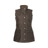 Tom Beckbes Womens Fairmont Vest: Brown, sleeveless, weatherproof canvas; high collar & 2 front flap pockets.