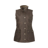 Tom Beckbe Womens Fairmont Vest: Sleeveless brown waxed cotton with high collar, front buttons & two flap pockets.