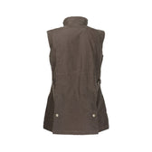 Back view of the Womens Fairmont Vest in dark brown waxed cotton, by Tom Beckbe; featuring a high collar and waist adjustments.
